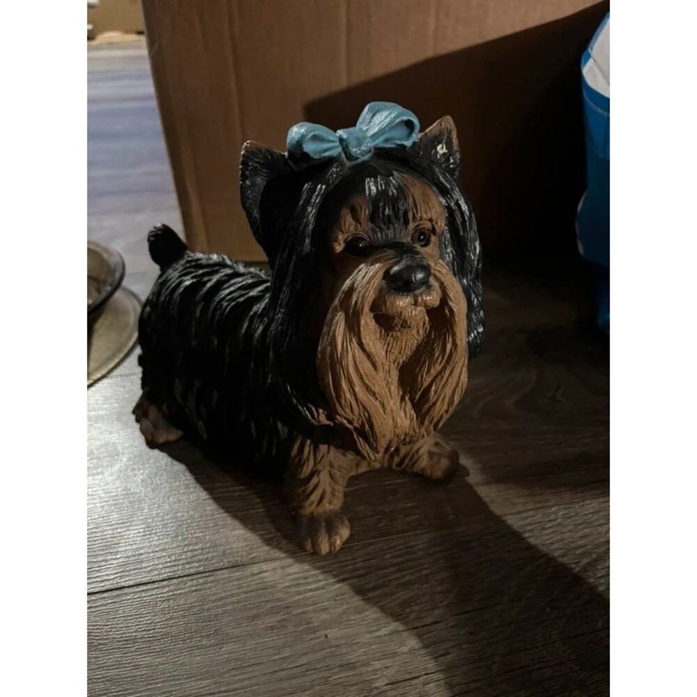 Vintage Yorkie Dog Figurine, Yorkshire Terrier Statue with Blue Bow, Resin Colle